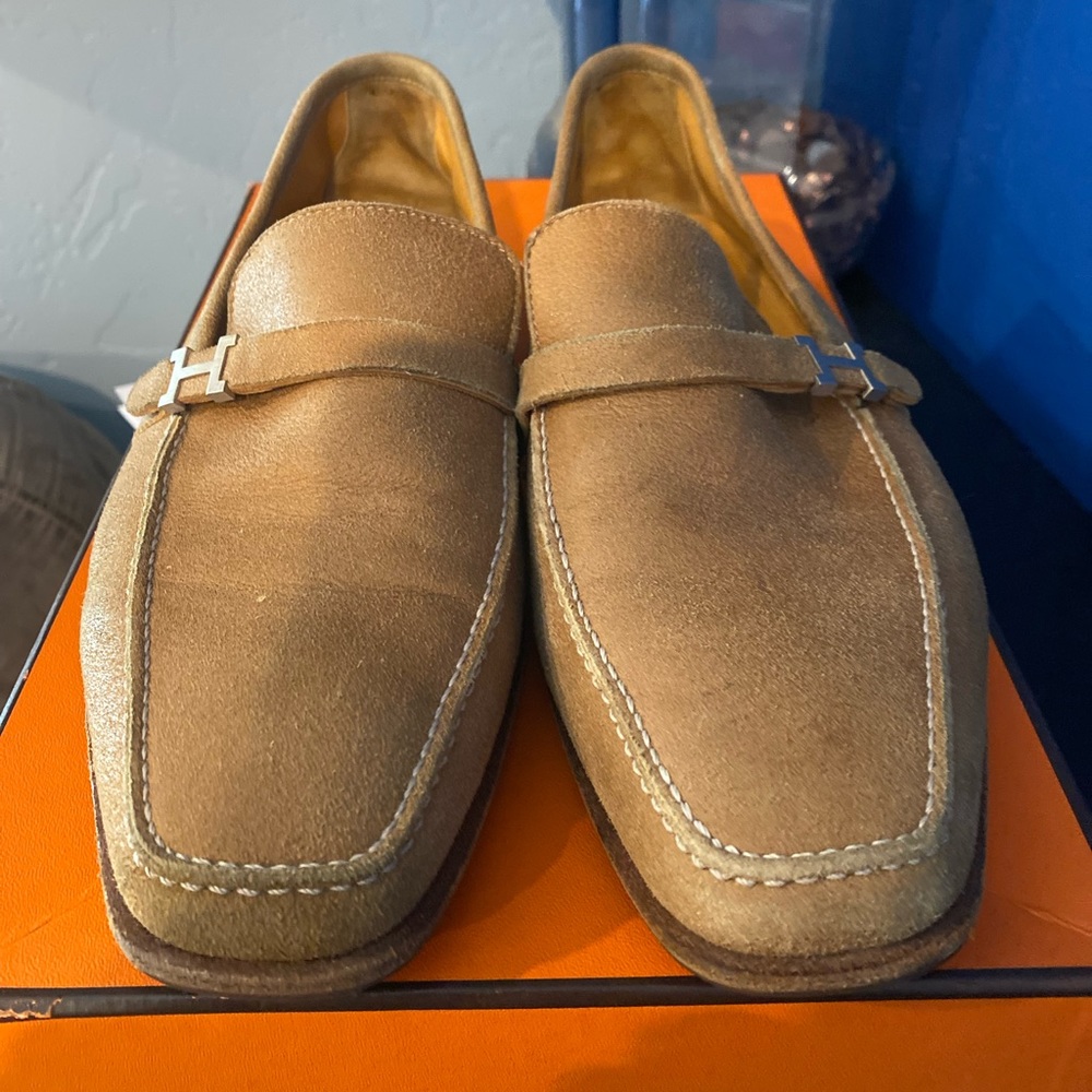 HERMES Logo Loafers Flat Shoes Suede Size EU39.5 Brown Color Used